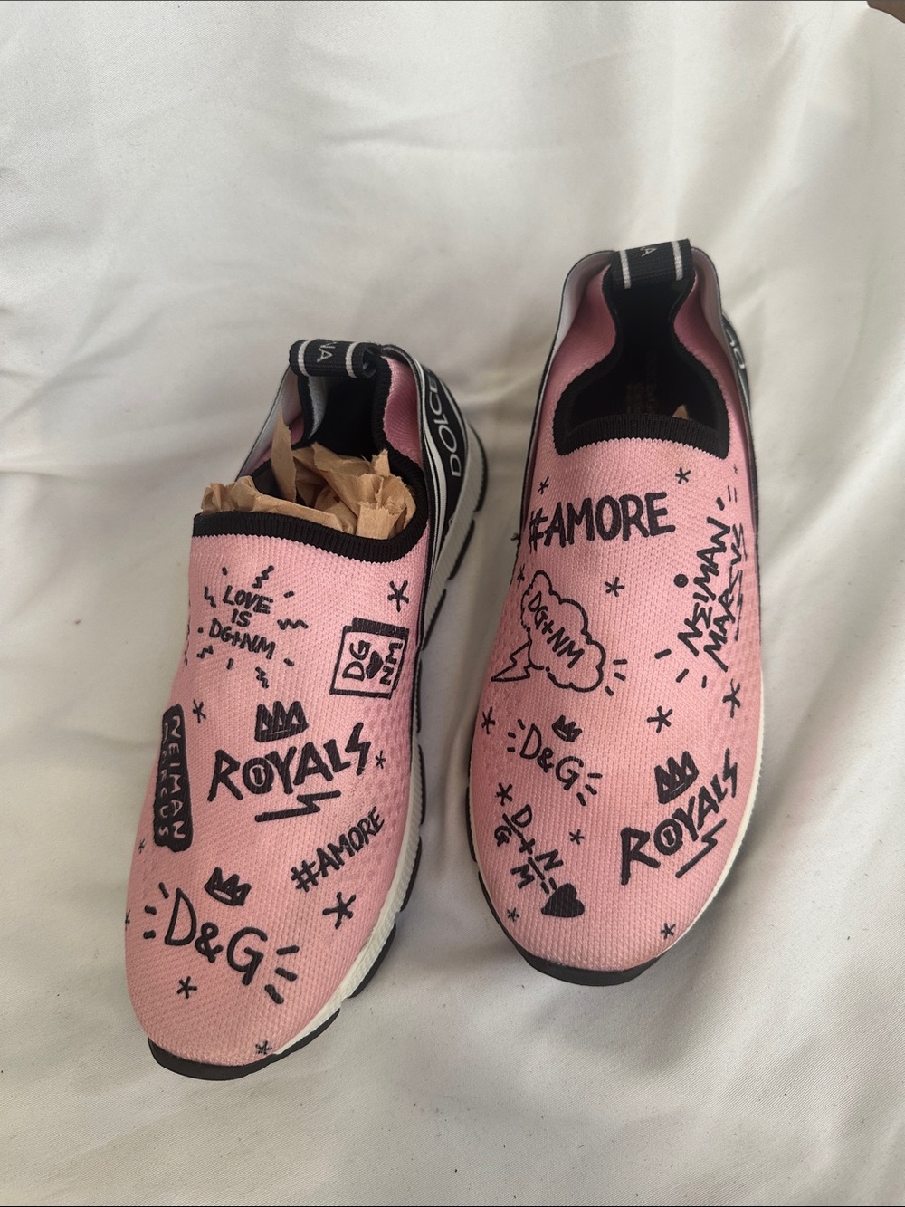 D&G Pink Slip-On Kids Sneakers with Black Doodle Graphics